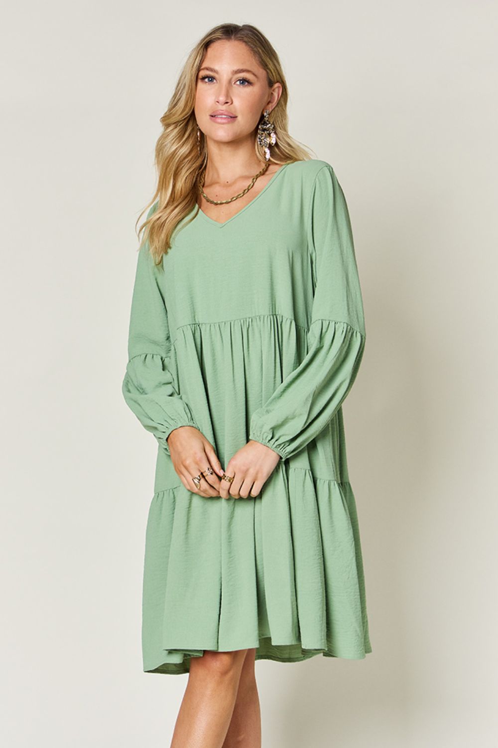 Light Green Double Take Full Size V-Neck Sleeve Tiered Dress with Pockets Elegant & Comfortable Casual Dress