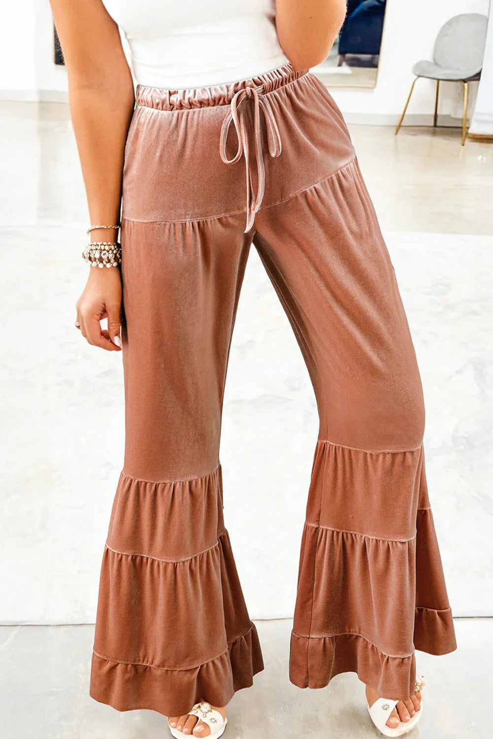 Straw Yellow Mineral Wash Lace-up High Waist Tiered Flared Pants