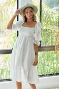 New Summer Dot Flounce Sleeve Smocked Tiered Midi Dress – Fluttering, Charming Swiss Dot Dress with Flounce Sleeves, Smocked Waist, and Tiered Design