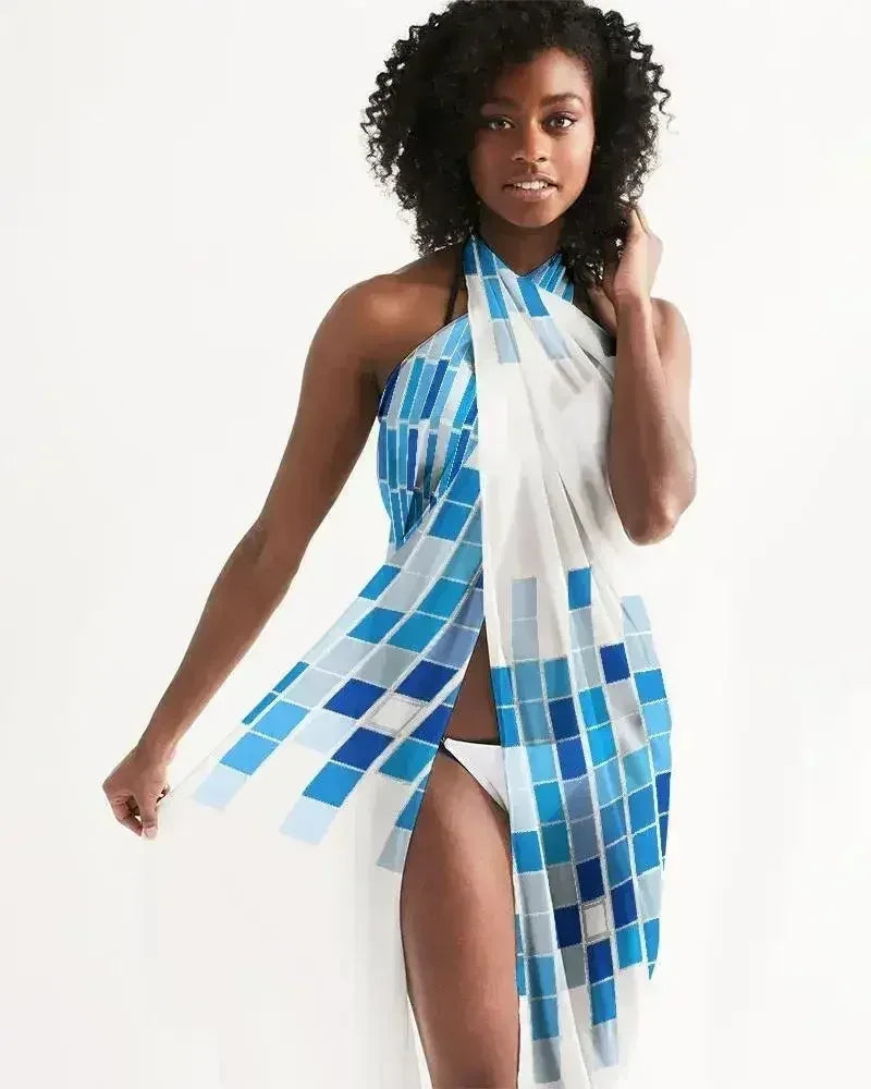 Sheer Mosaic Square White and Blue Swimsuit Cover Up