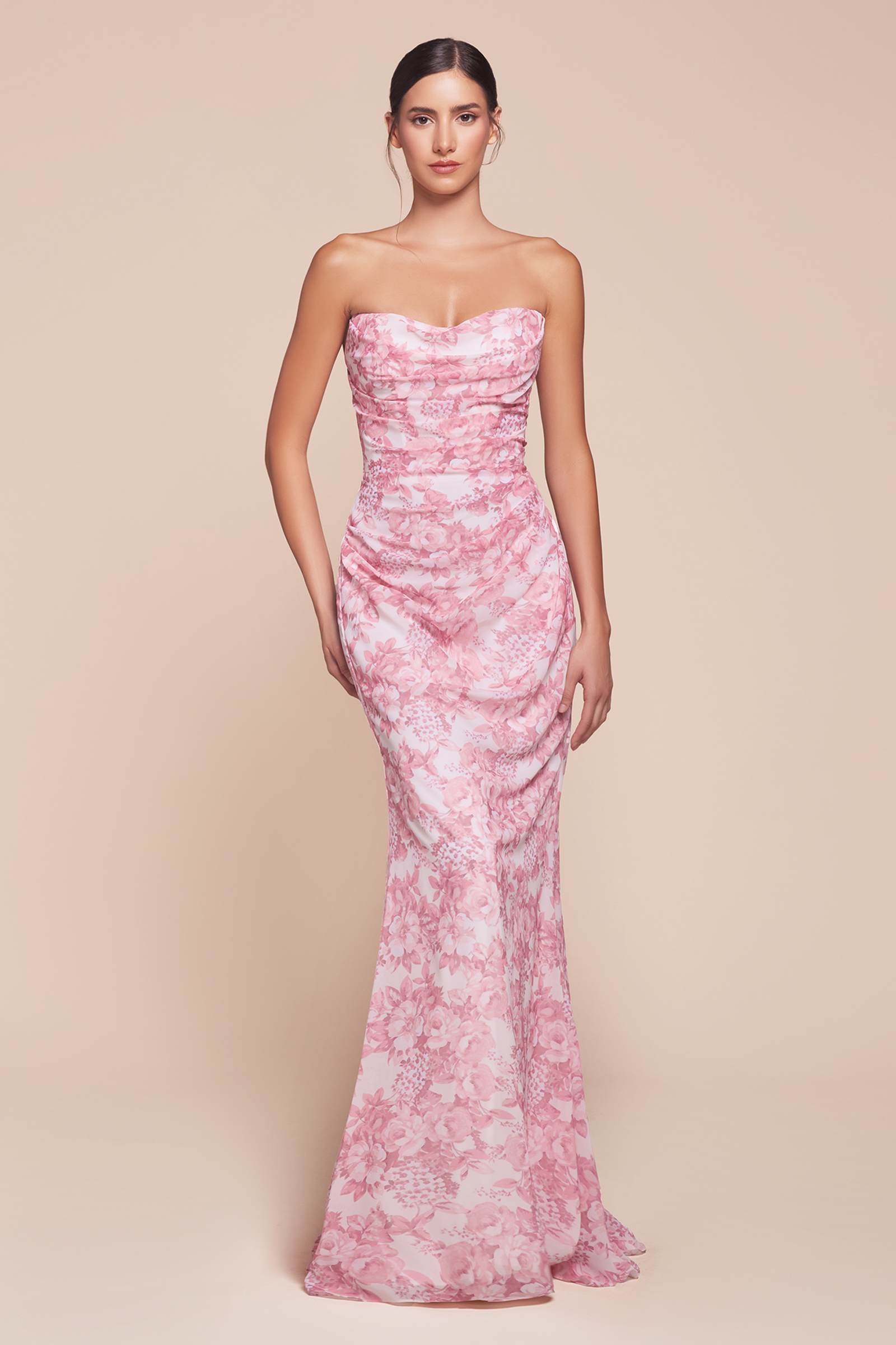 Ladivine 7445 Dress Strapless Floral Printed Fitted Soft Satin Dress