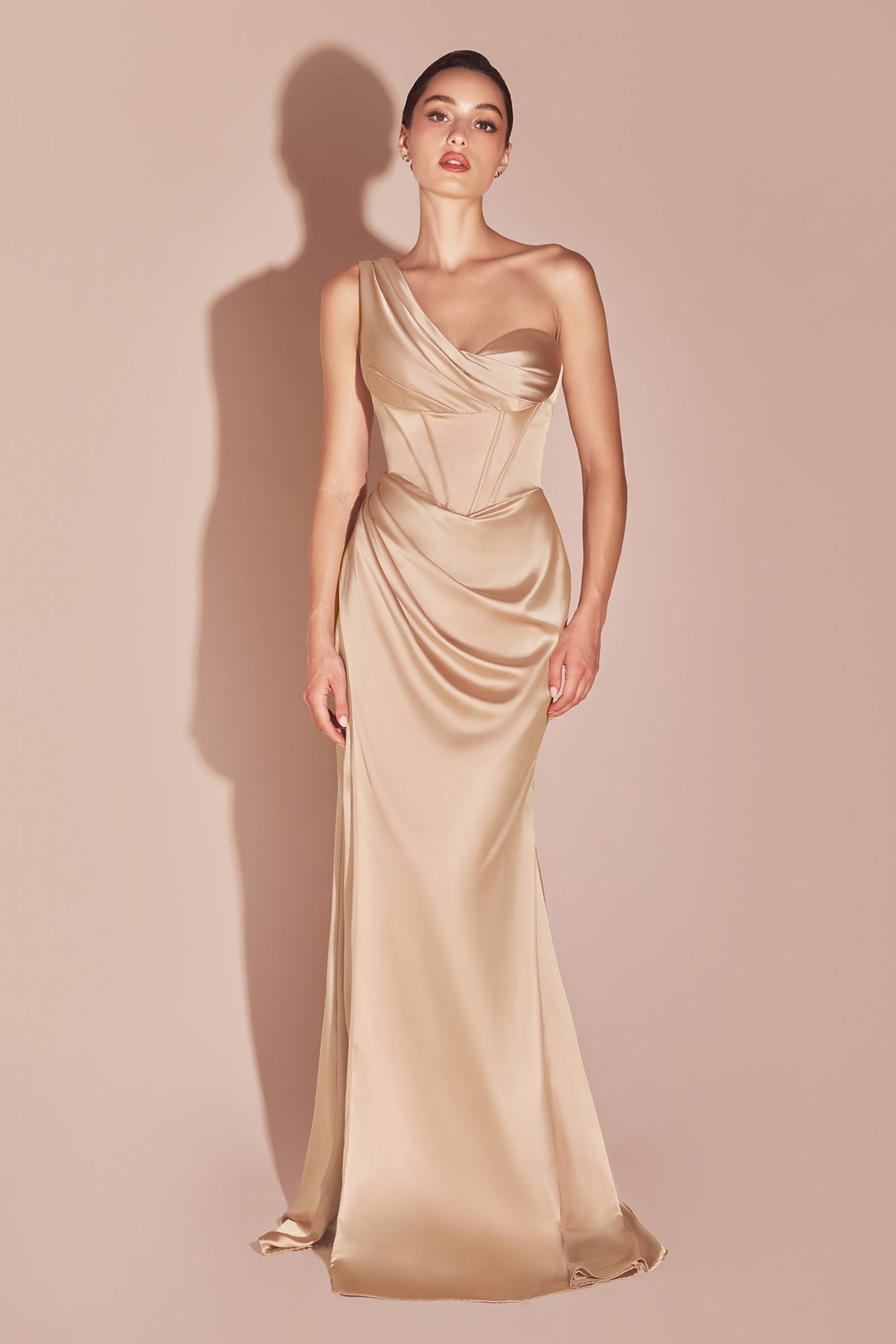 Ladivine 7448 Dress Long One Shoulder Satin Corset Gown