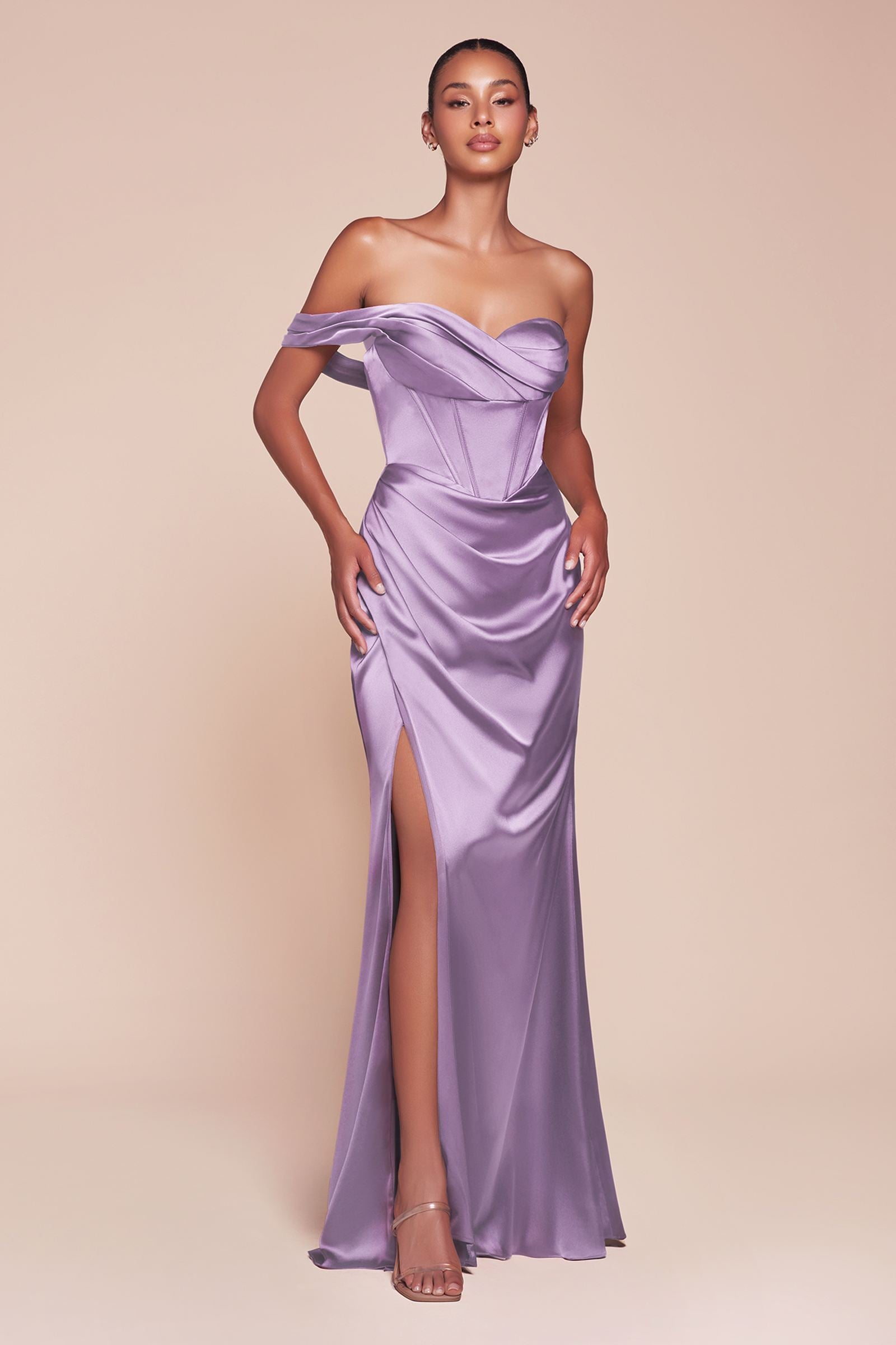 Ladivine 7448 Dress Long One Shoulder Satin Corset Gown