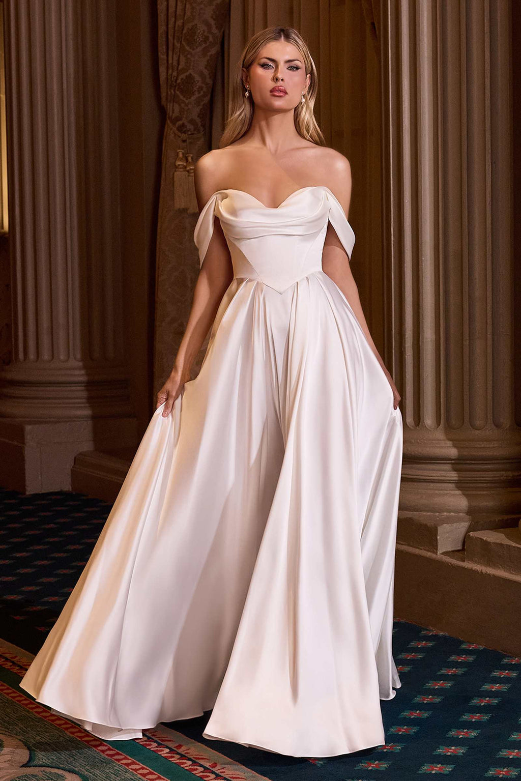 Ladivine 7449W A-Line Fitted Bodice Off the Shoulder Satin Wedding Dress