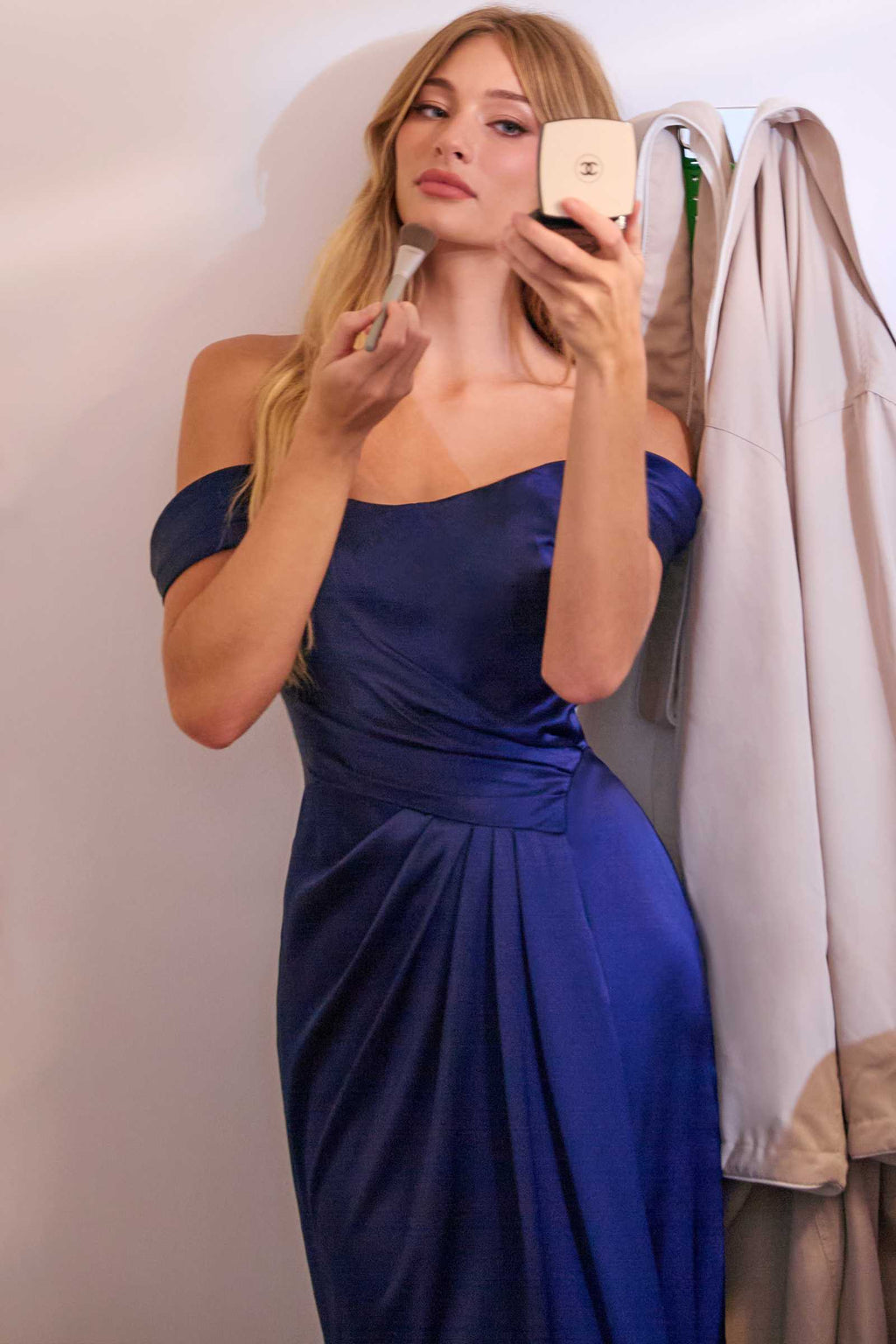 CLEARANCE - Ladivine 7452 Dress Off the Shoulder Sage Green Satin Gown (Size 10)