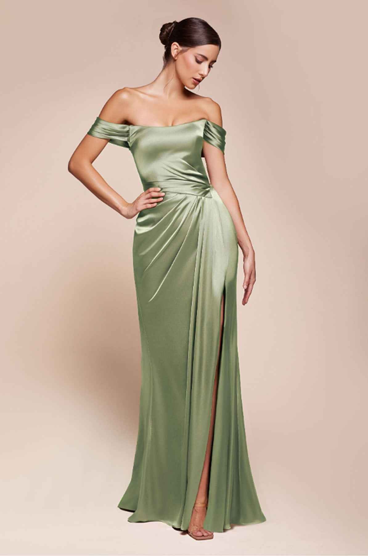 CLEARANCE - Ladivine 7452 Dress Off the Shoulder Sage Green Satin Gown (Size 10)