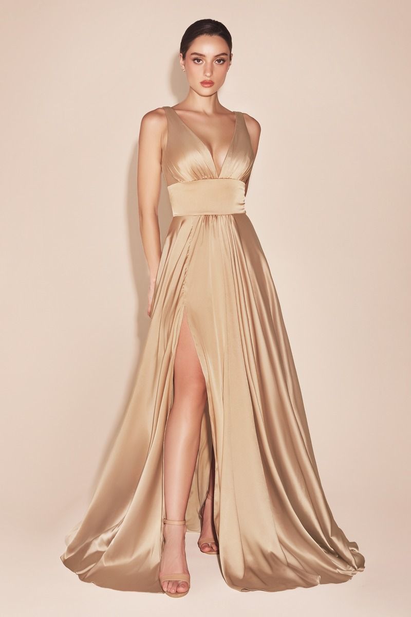 Cinderella Divine 7469 Floor Length Satin Formal V-Neckline Dress