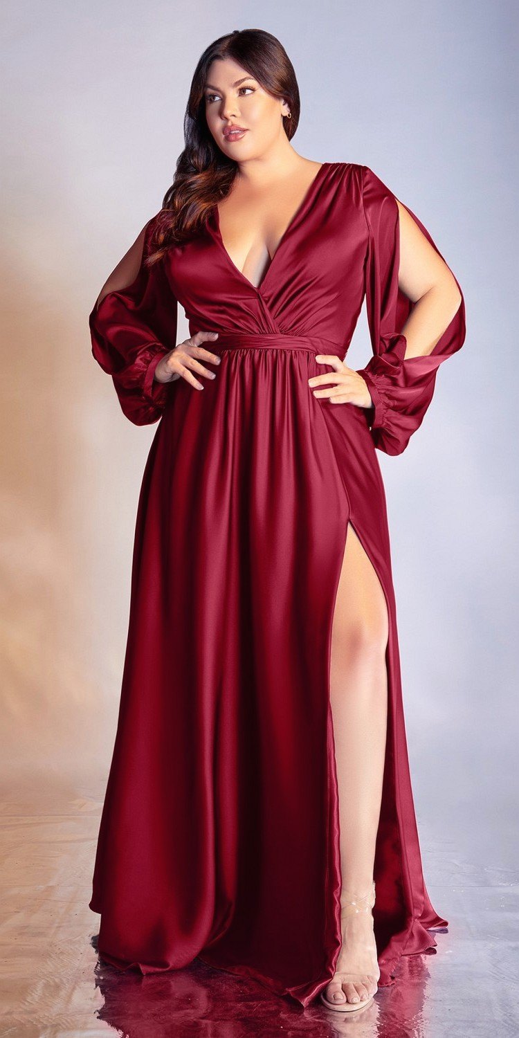 Cinderella Divine 7475C Long Split Blouson Sleeve Formal Dress Thigh Split