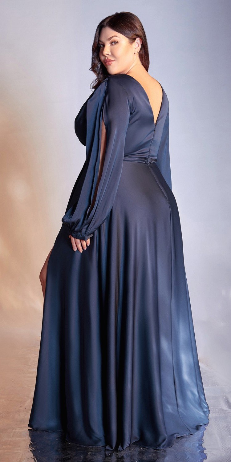 Cinderella Divine 7475C Long Split Blouson Sleeve Formal Dress Thigh Split