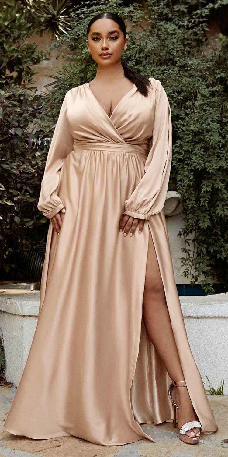 Cinderella Divine 7475C Long Split Blouson Sleeve Formal Dress Thigh Split
