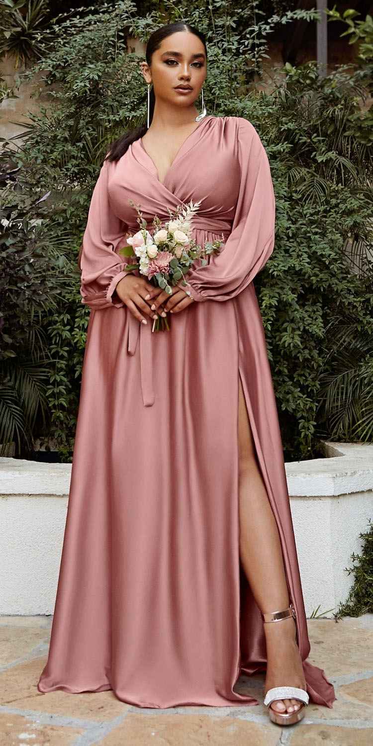 Cinderella Divine 7475C Long Split Blouson Sleeve Formal Dress Thigh Split