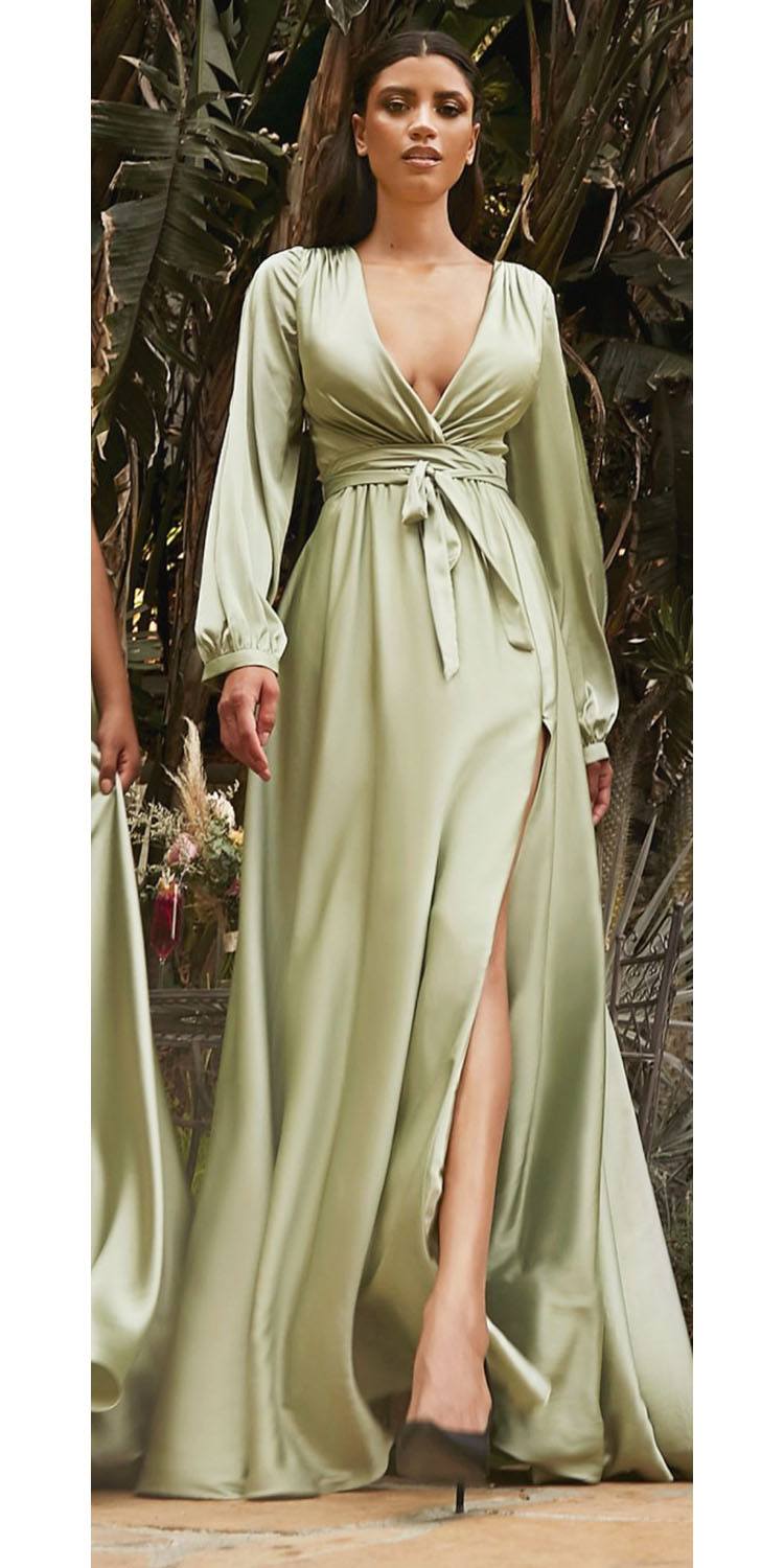 Cinderella Divine 7475 Long Split Blouson Sleeve Formal Dress Thigh Split