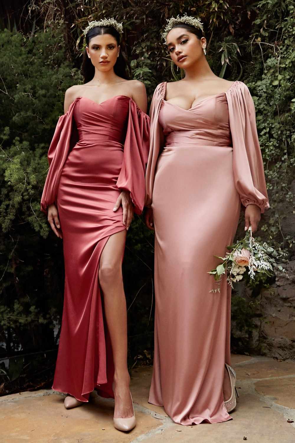Cinderella Divine 7482 Long Sleeve Off the Shoulder Soft Satin Fitted Dress