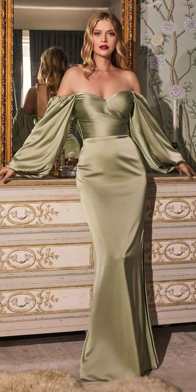 Cinderella Divine 7482 Long Sleeve Off the Shoulder Soft Satin Fitted Dress