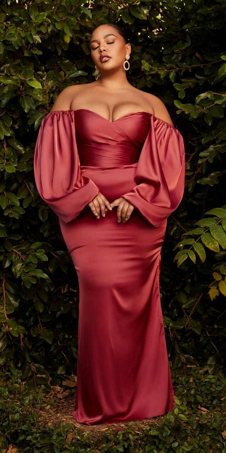 Cinderella Divine 7482 Long Sleeve Off the Shoulder Soft Satin Fitted Dress