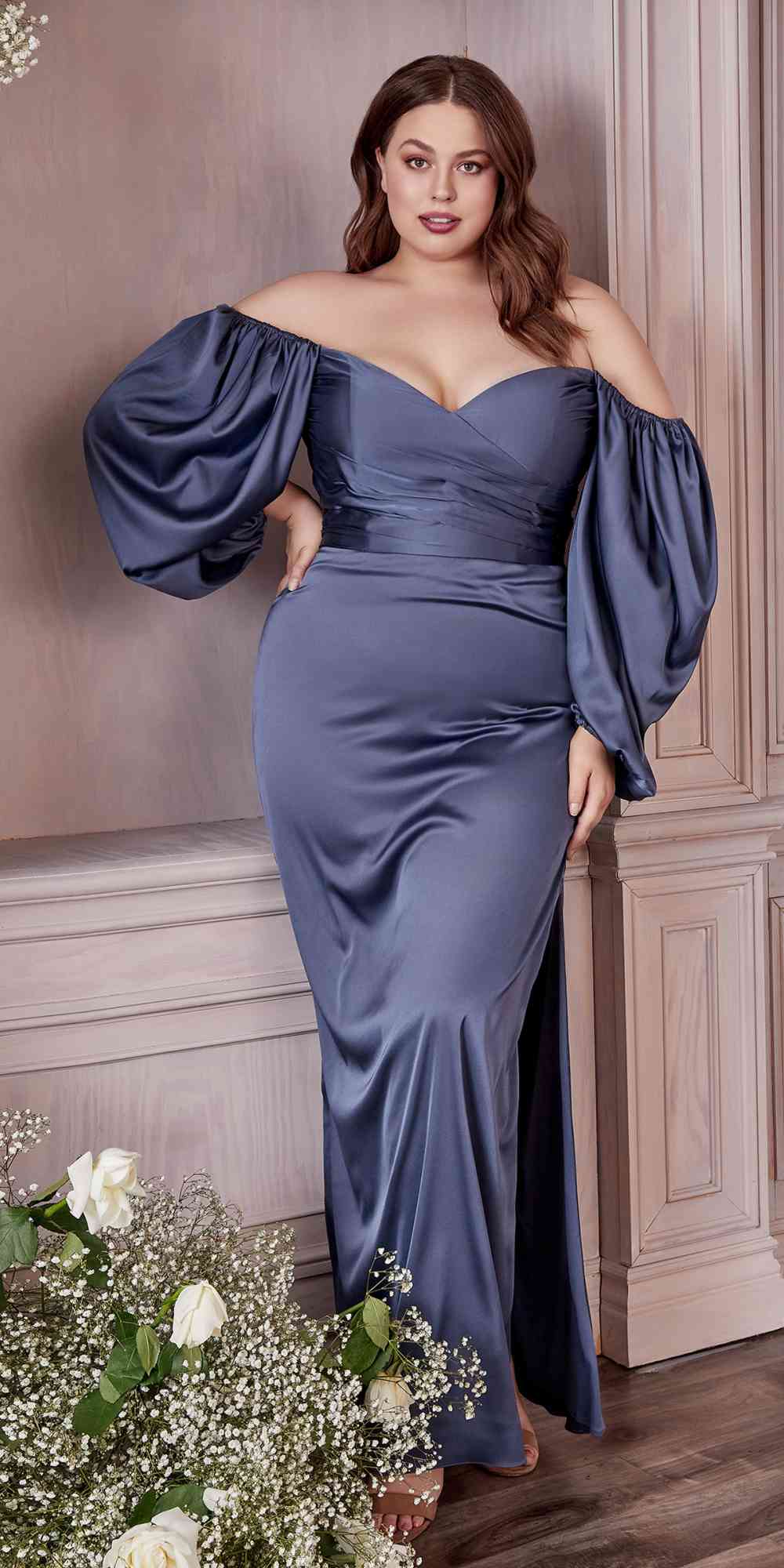 Cinderella Divine 7482 Long Sleeve Off the Shoulder Soft Satin Fitted Dress