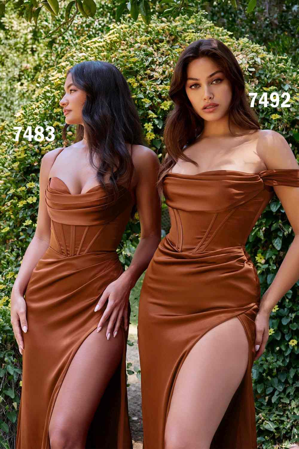 Cinderella Divine 7492C Satin Off the Shoulder Corset Satin Gown
