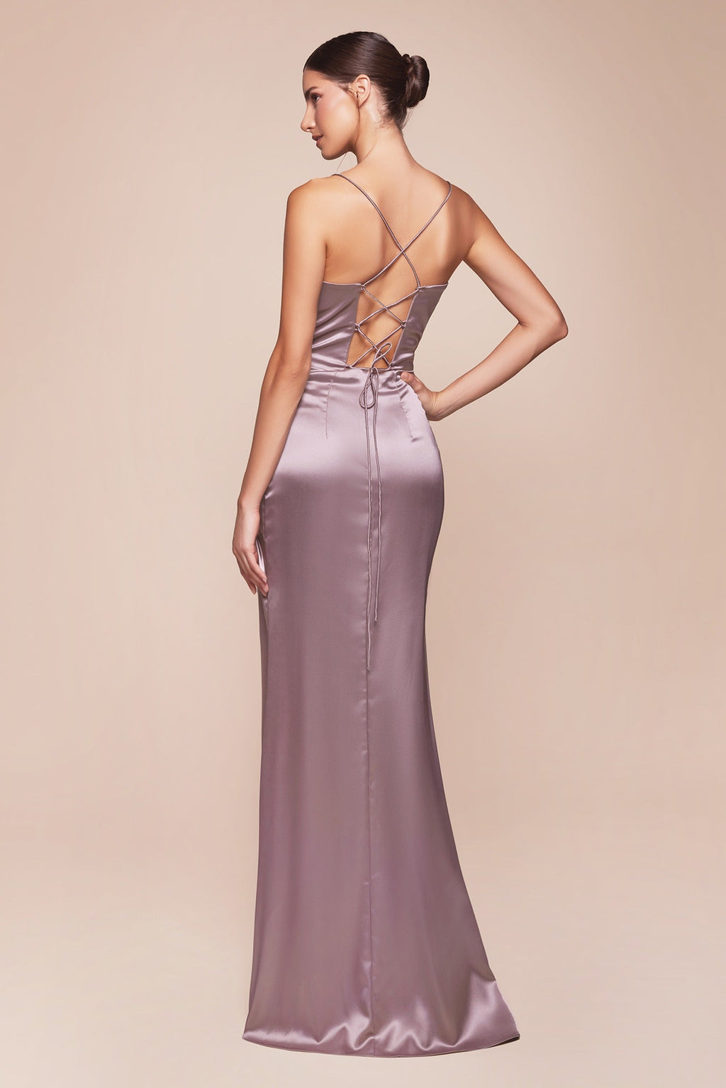 Cinderella Divine 7483 Long Corset Cowl Neckline Formal Satin Gown