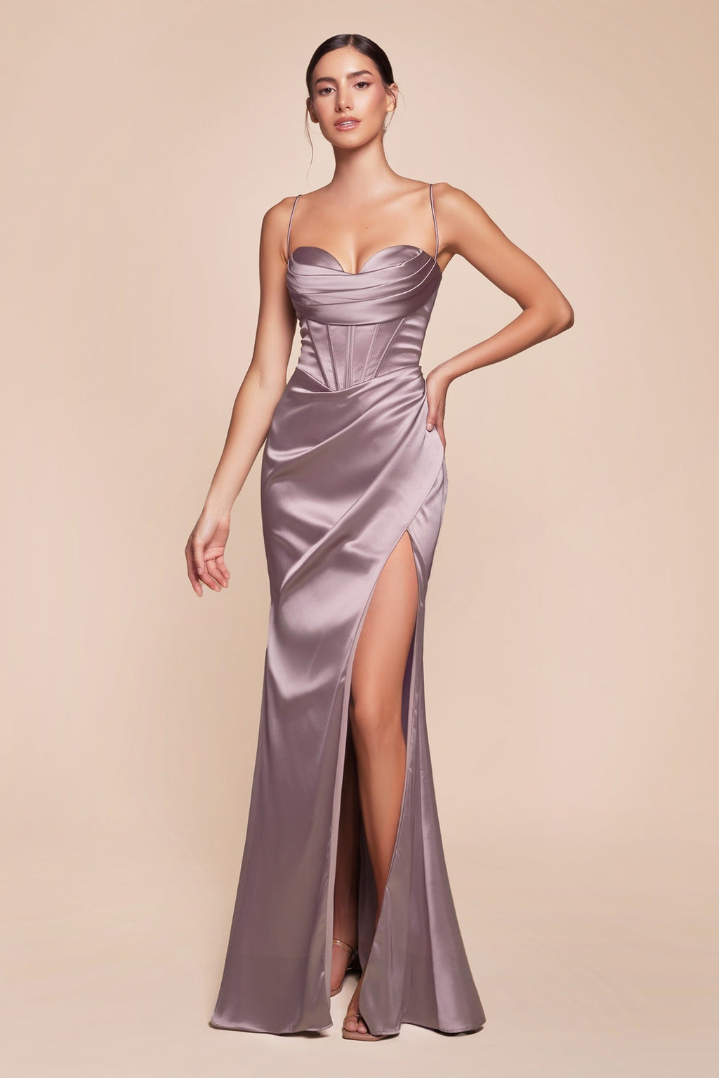 Cinderella Divine 7483 Long Corset Cowl Neckline Formal Satin Gown