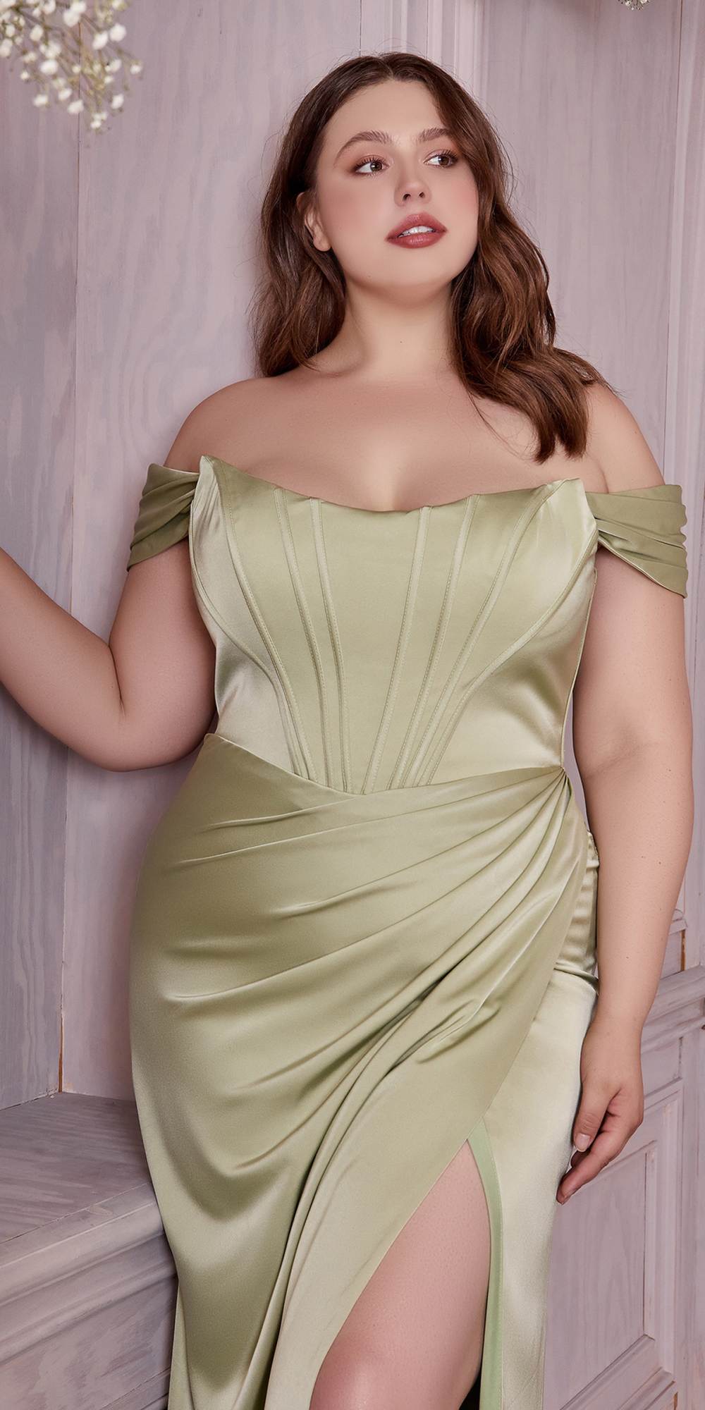 Cinderella Divine 7484 Long Off the Shoulder Corset Satin Formal Gown