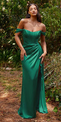 Cinderella Divine 7484 Long Off the Shoulder Corset Satin Formal Gown