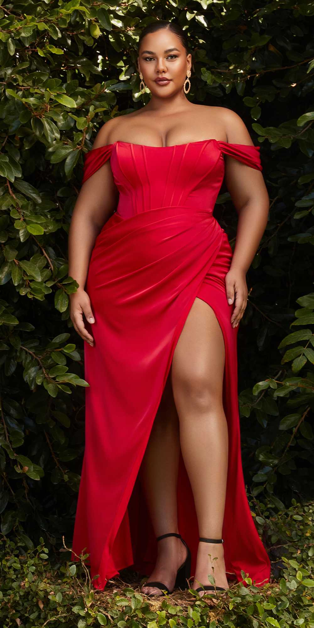 Cinderella Divine 7484 Long Off the Shoulder Corset Satin Formal Gown
