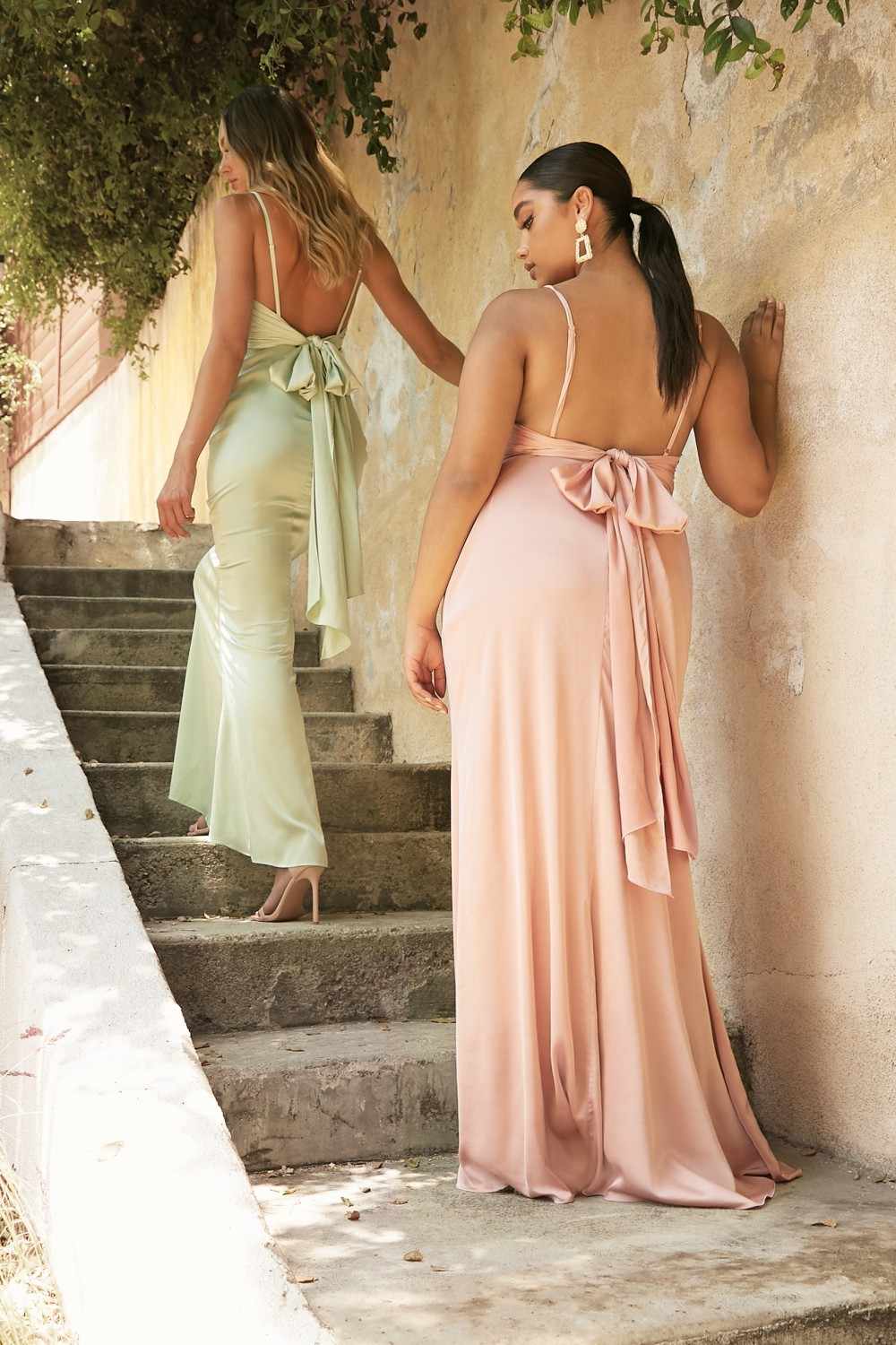 Cinderella Divine 7487W Fitted Satin Dress Cowl Neckline Open Tie Back