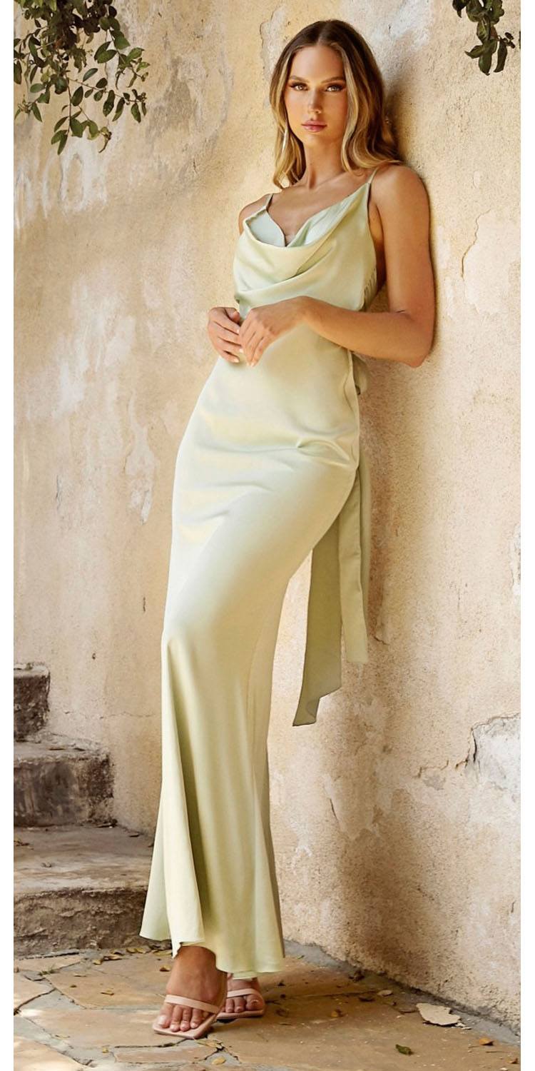 Cinderella Divine 7487W Fitted Satin Dress Cowl Neckline Open Tie Back