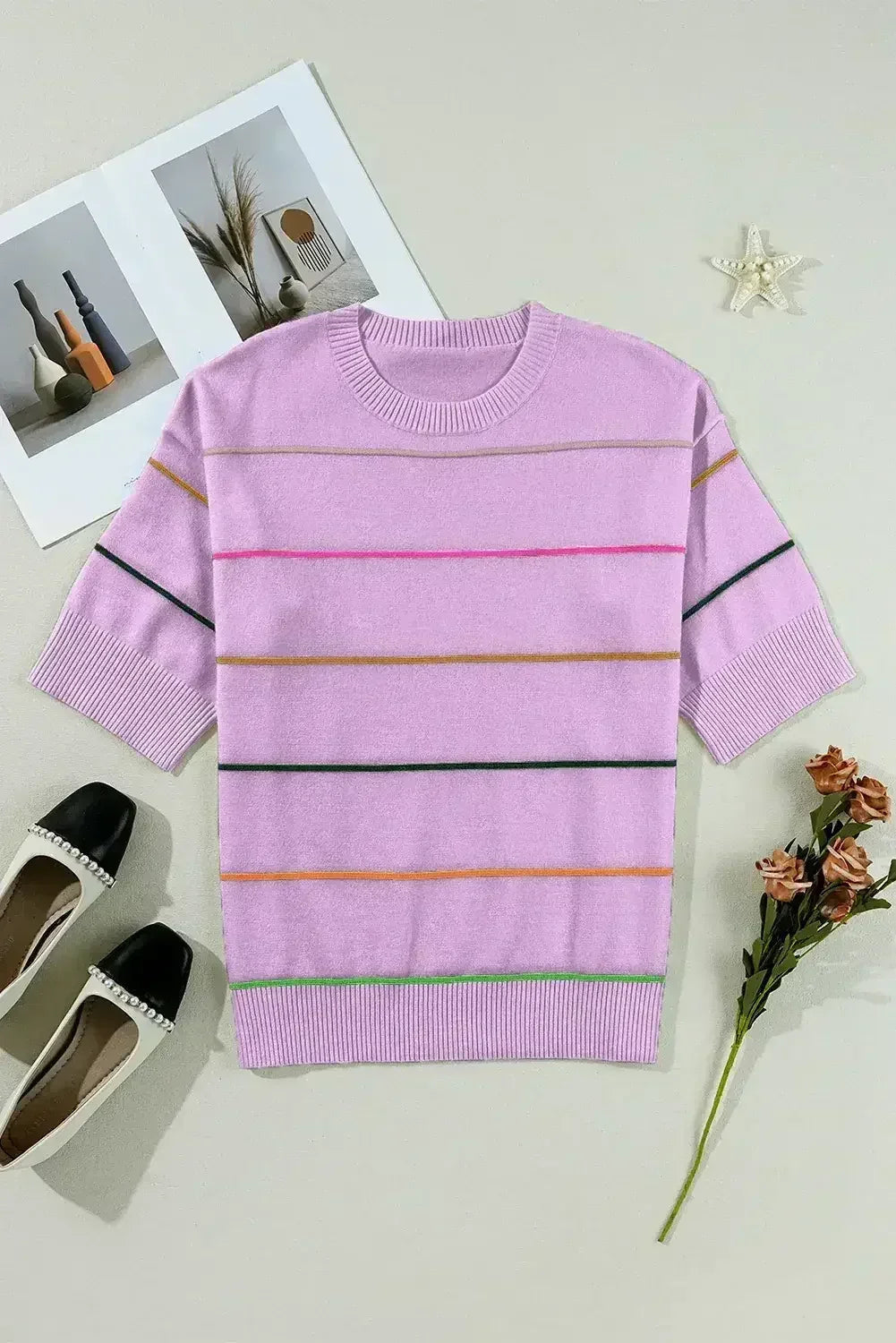 White Striped Half Sleeve Drop Shoulder Sweater