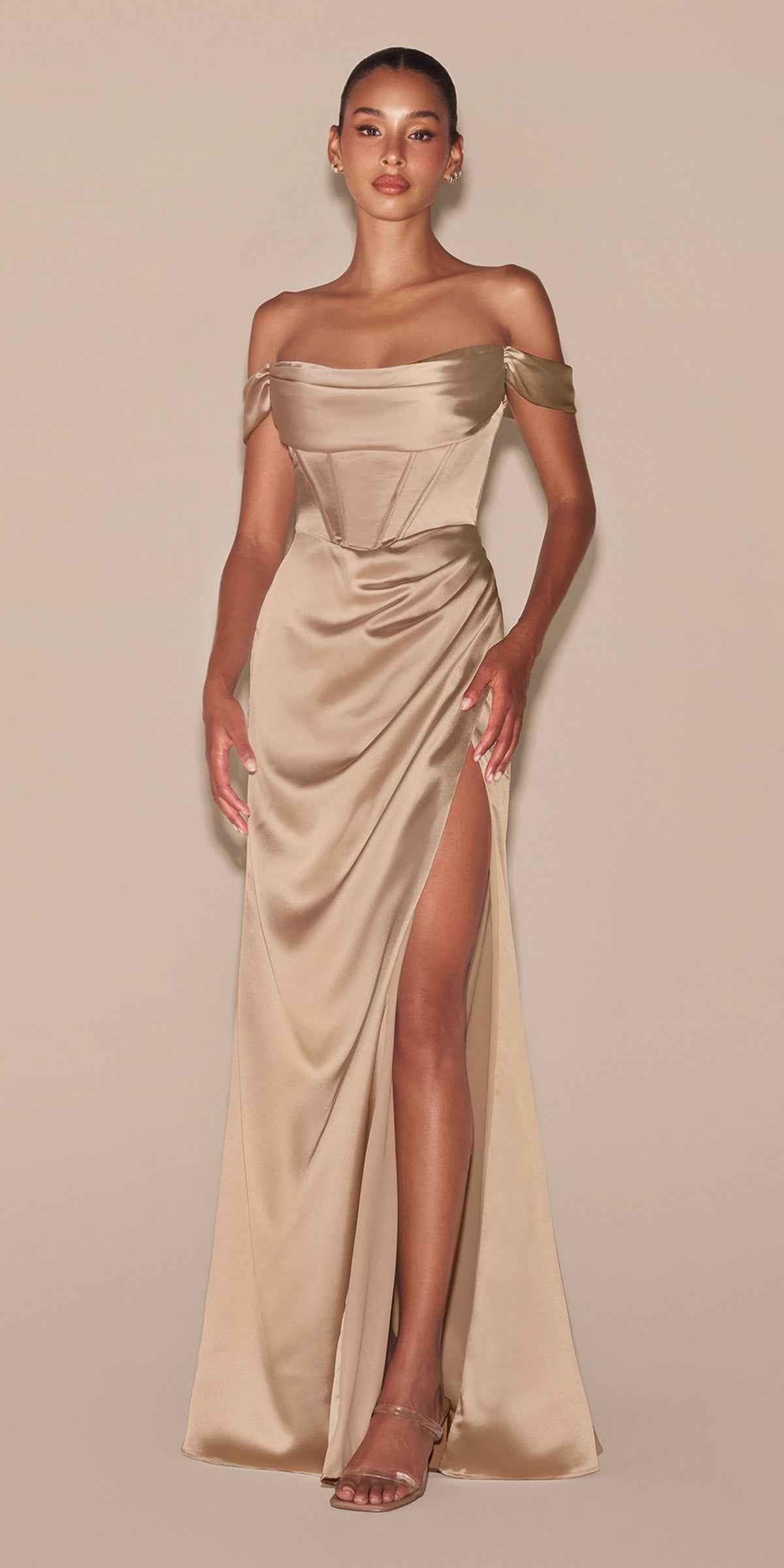 CLEARANCE - Cinderella Divine 7492 Off the Shoulder Sage Green Satin Gown (Size 8)