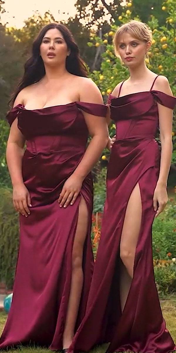 Cinderella Divine 7492C Satin Off the Shoulder Corset Satin Gown
