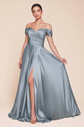 Cinderella Divine 7493C Long Plus Size A-Line Off the Shoulder Satin Dress