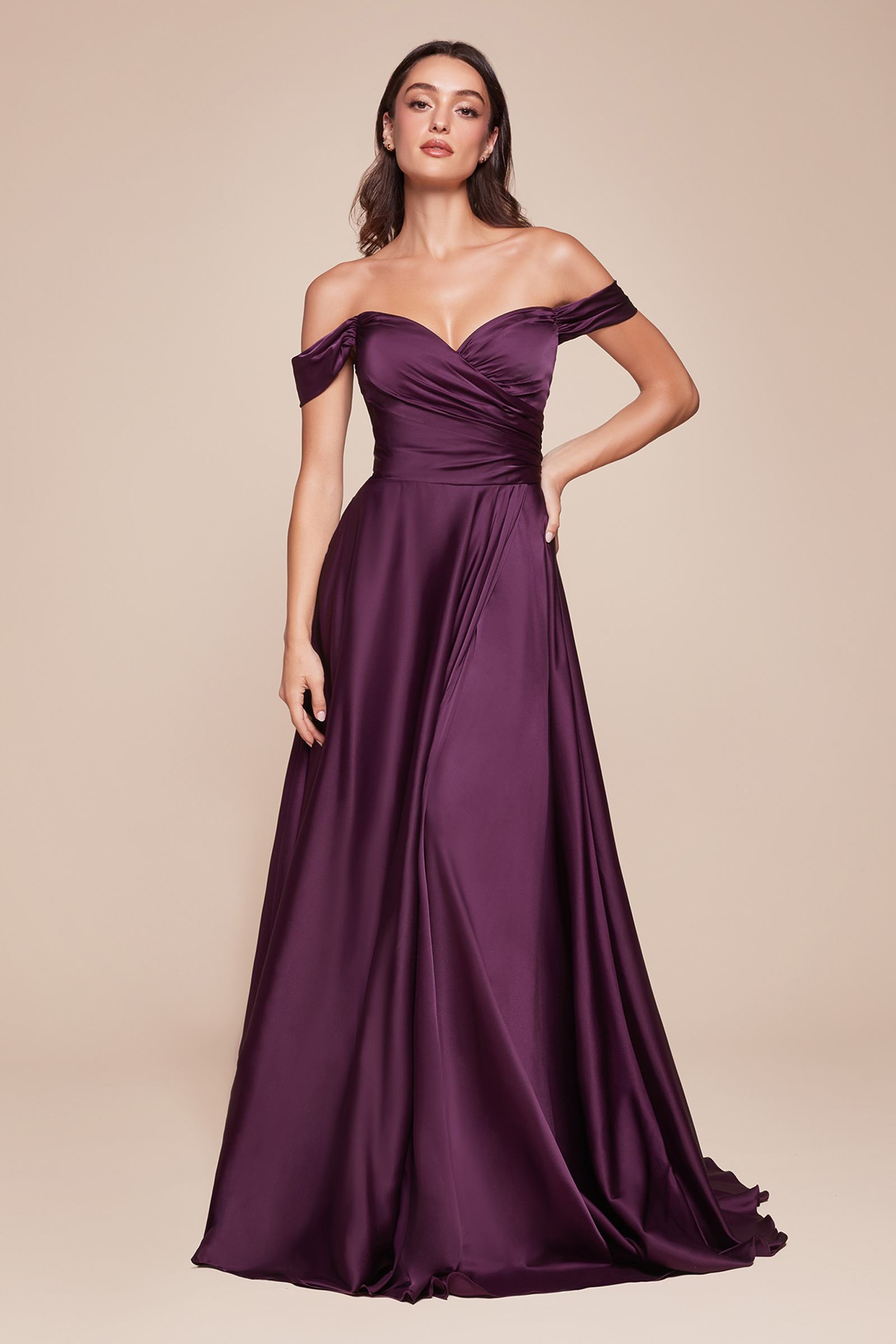 Cinderella Divine 7493C Long Plus Size A-Line Off the Shoulder Satin Dress
