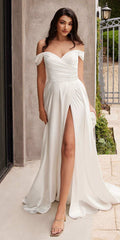 Ladivine 7493W Long A-Line Off the Shoulder Satin Bridal Dress