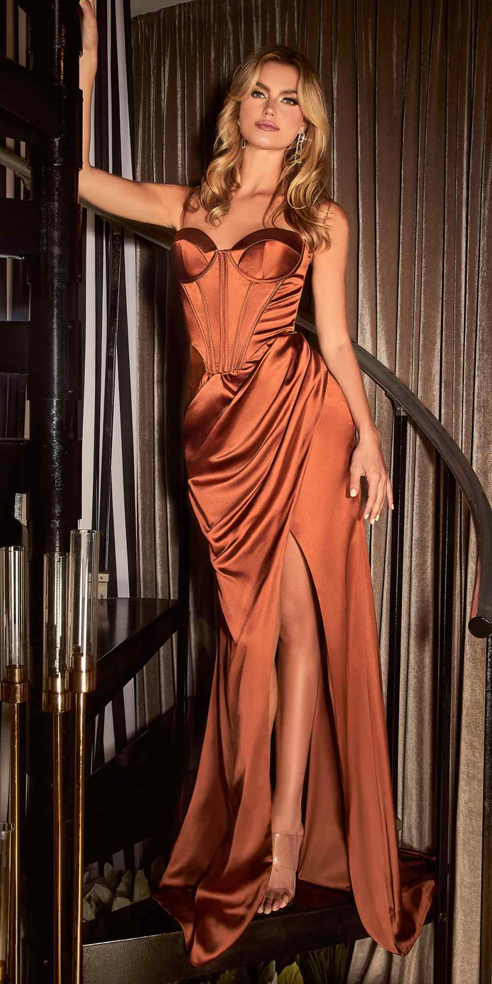 Ladivine 7498 Floor Length Fitted Satin Sweetheart Draped Gown