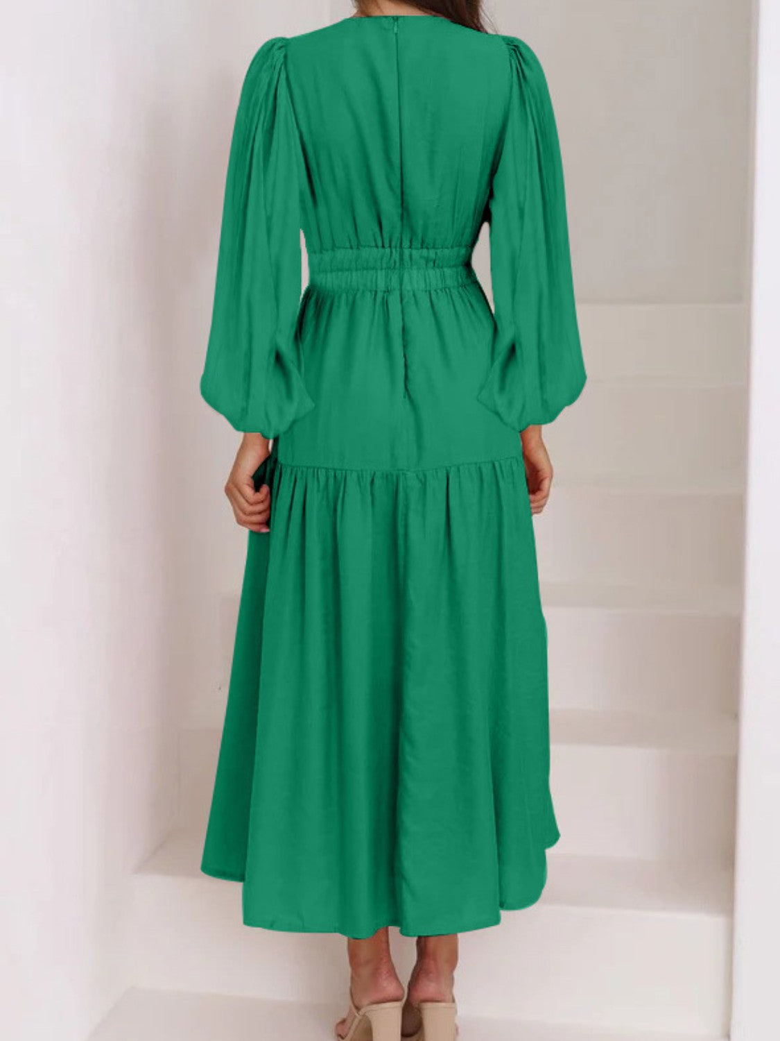 Lightweight Deep V-Neck Balloon Sleeve Maxi Dress Elegant & Flowing Silhouette Unique Dress