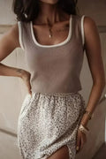 Smoke Gray Ribbed Knit Contrast Neck Slim Fit Tank Top | Femstylo