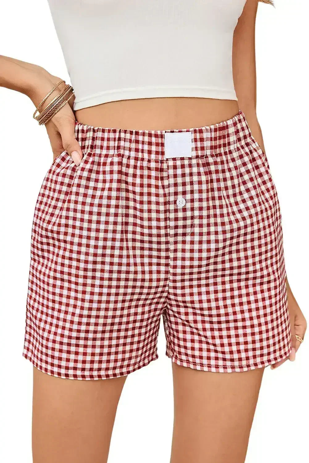 Blue Vintage Gingham Print High Waisted Loose Shorts