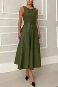Classic Sleeveless Midi Dress with Tie Waist – Femstylo