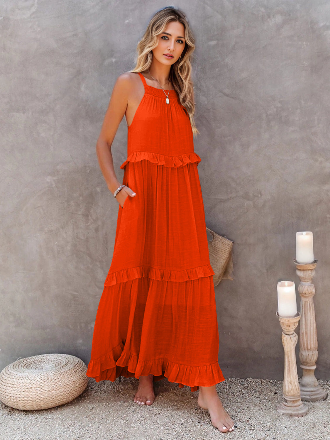 Romantic Ruffled Sleeveless Tiered Maxi Dress with Pockets Elegant & Chic Statement Beautiful Design Dress