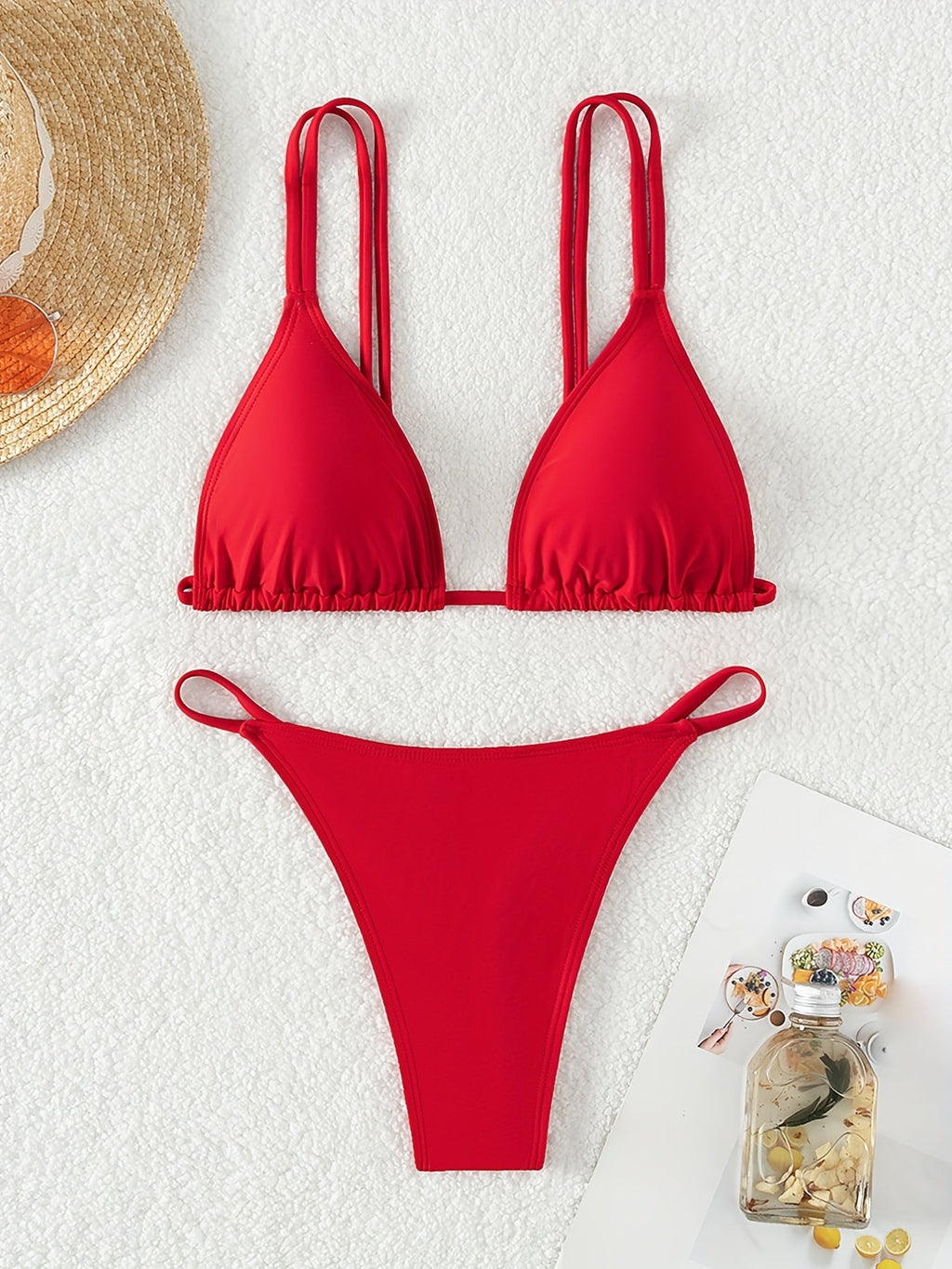 Bikini Solid Color Triangle V Neck 2 Piece Bikini Set for Women – Stretchy Double Strap Tie Back V String Swimwear with Lace Up Detail – Flattering Beach Vacation Swimsuit for Confident Summer Style and Poolside Fashion