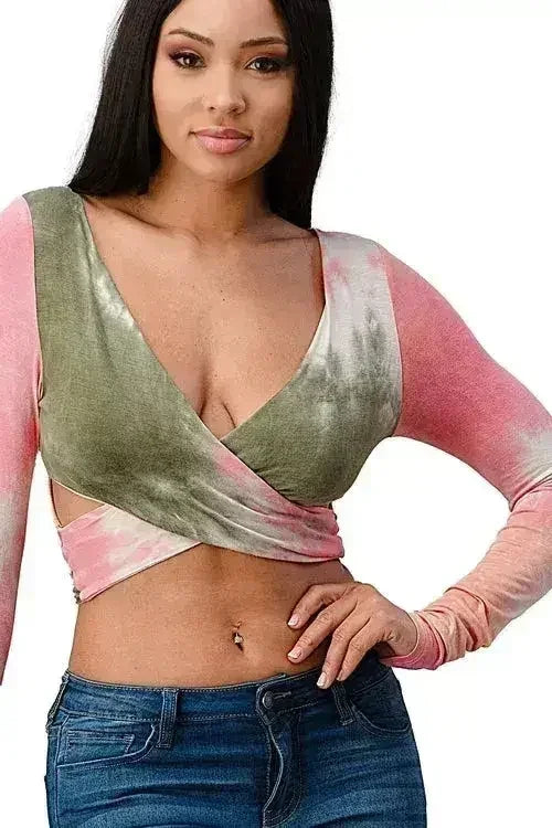 Tie-Dye Wrap Crop Top – Rayon Surplice Boho Blouse | Femstylo
