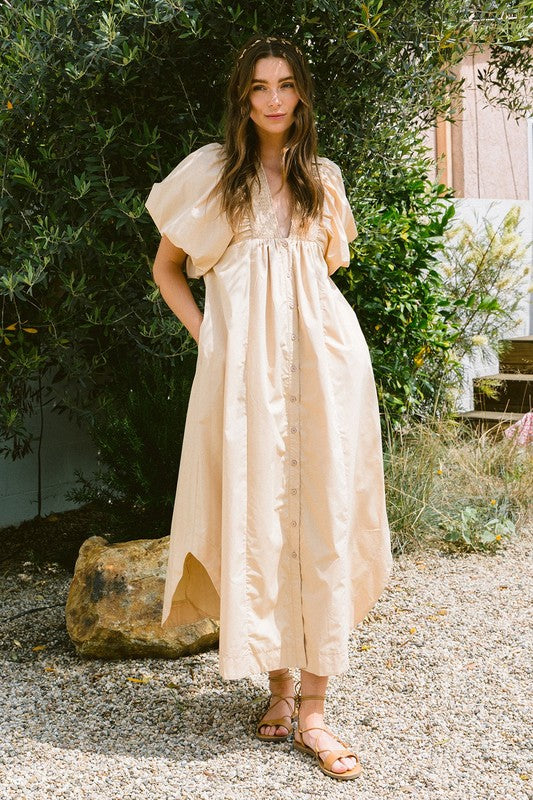 Smocked Puff Sleeve Midi Dress – Chic and Flattering Midi Dress with Puff Sleeves and Smocked Detailing for a Feminine Silhouette