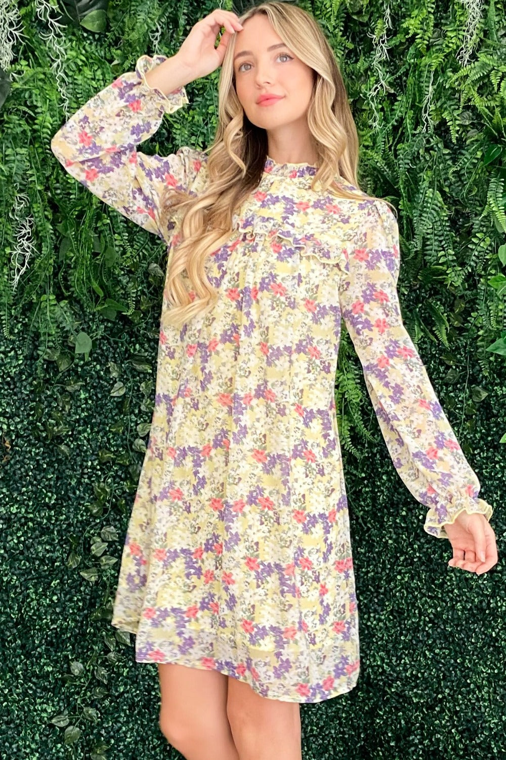 Floral Mock Neck Flounce Sleeve Summer Dress – Mock Neck Dress, Flounce Sleeve Dress, Floral Pattern Dress, Elegant Floral Dress, Sophisticated Dress