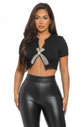 Rhinestone Front Split Open Crop T-Shirt