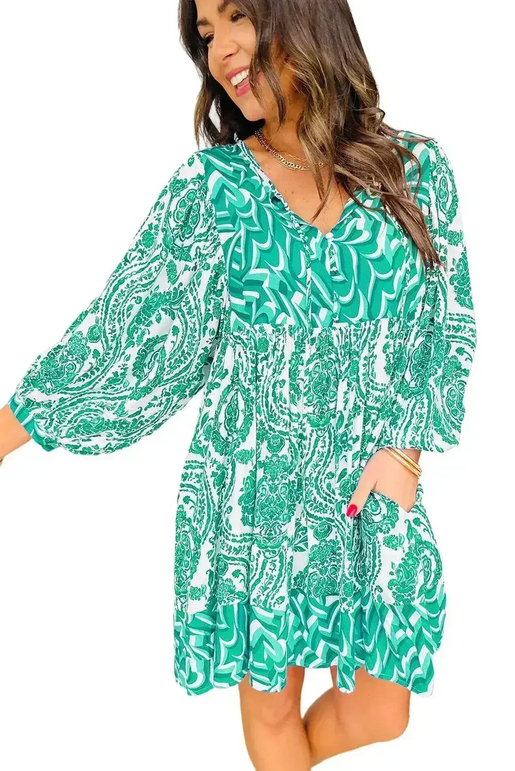 Green Bohemian Print Puff Sleeve Tied V Neck Flared Mini Dress