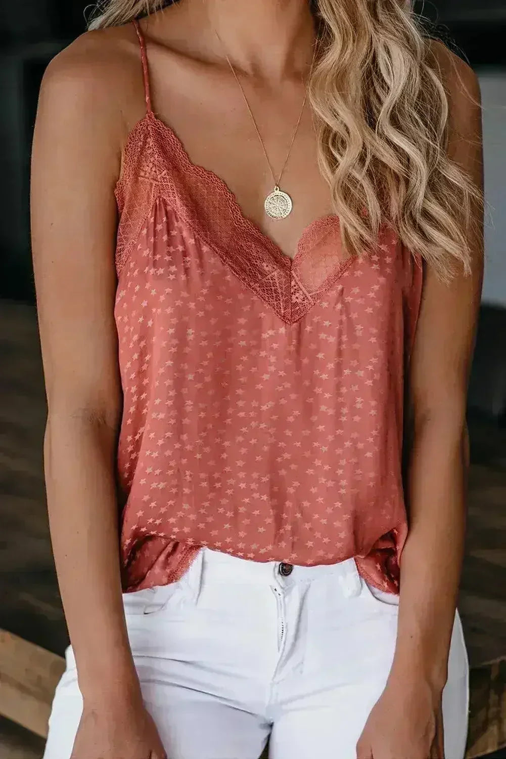 Spaghetti Strap Printed Lace Tank Top