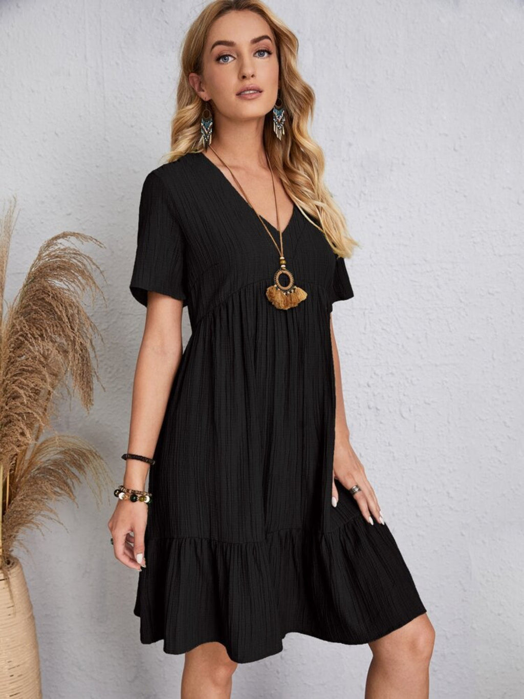 Classic Full Size V-Neck Short Sleeve Dress Casual & Comfortable Dress for Women