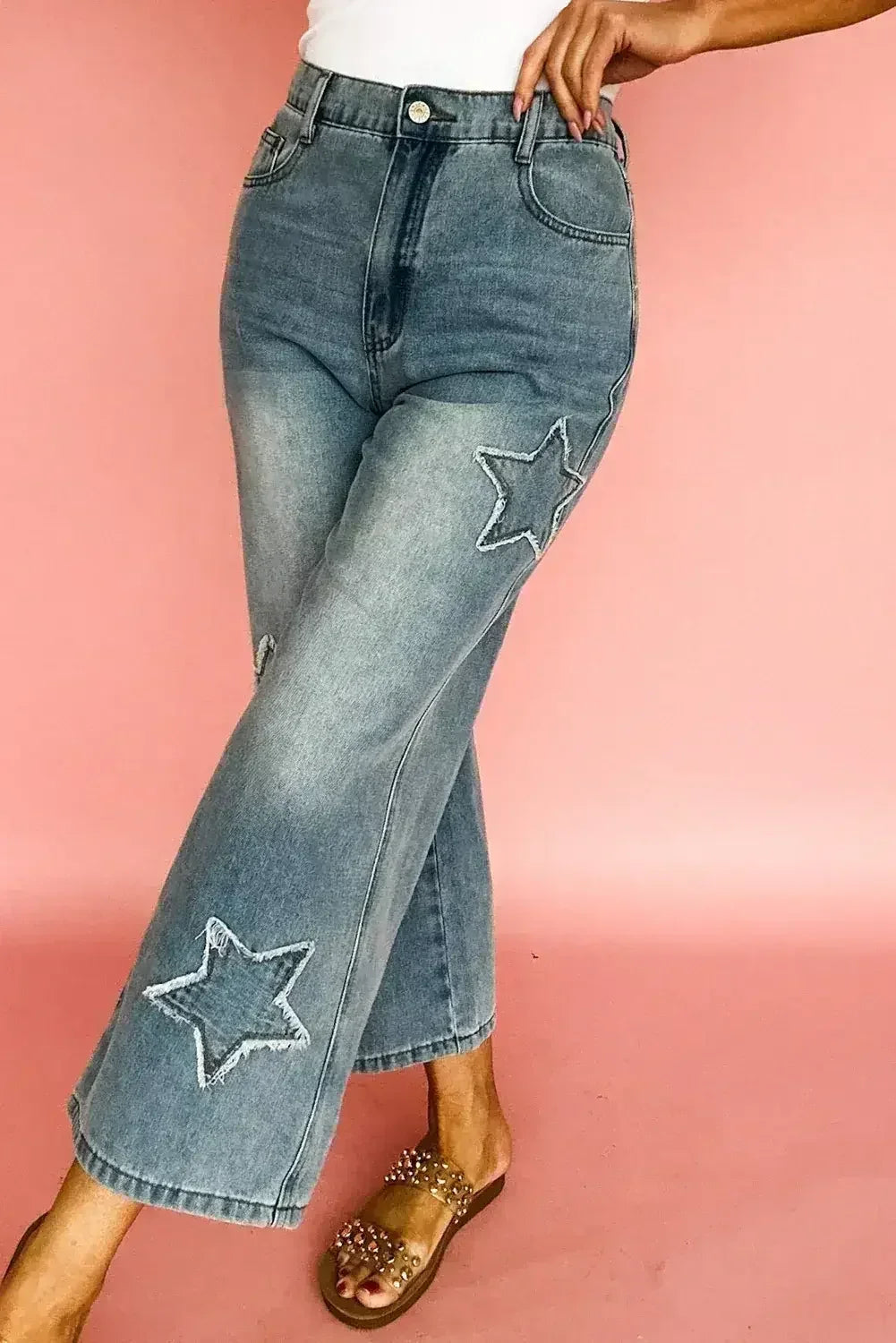 Stone Blue Star Patchwork Light Wash Wide Leg High Waist Jeans