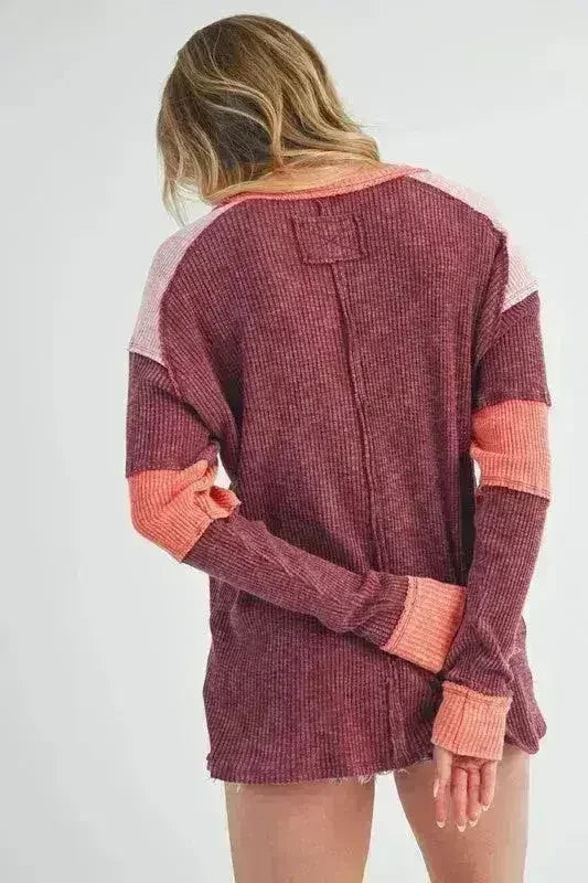 Color Block Knit Top – Raw Seam Detail & Cotton-Spandex Blend